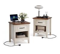 LINSY Home Farmhouse - Lot de 2 Tables de Chevet en Bois avec étagère de Rangement Ouverte, Prise de Courant - Table d'appoint pour Chambre à Coucher, Salon, canapé, Bureau - 48 x 40 x 53 cm - Beige