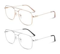 LINVO Faux lunettes style pilote rétro mode monture en métal sans ordonnance verres transparents lunettes de vue femmes hommes UV400, Lot de 2 / Or + Argent