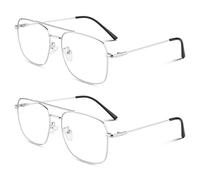 LINVO Faux lunettes style pilote rétro mode monture en métal sans ordonnance verres transparents lunettes de vue femmes hommes UV400, Lot de 2 / argent + argent