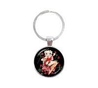 LINWEN 1 porte-clés rond en verre de 25 mm fait à la main Betty Boop pour les amis avec boucle de sac à dos, Argenté., 25