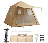 Linxor - Tente de Camping Gonflable 2 à 3 Personnes avec auvent, Pompe et Sac de Transport - 2.10 x 2.10 x 1.55 m - Beige