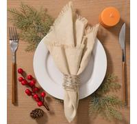 LINXTAR Lot de 4 serviettes de table en coton et lin épais faites à la main avec franges - Douces et polyvalentes - Pour fêtes, mariages, usage quotidien - 43,2 x 43,2 cm - Beige