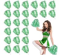 LINYAPRY Lot de 24 pompons métalliques de pom-pom girl pour enfants, pom-pom girls avec poignée bâton, fleur de main d'équipe pour adultes, esprit d'équipe, sport, fête dansante (vert et blanc)