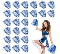 LINYAPRY Lot de 24 pompons métalliques de pom-pom girl pour enfants, pom-pom girls avec poignée bâton, fleur de main d'équipe pour adultes, esprit d'équipe, sport, fête dansante (bleu et blanc)