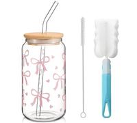 LINYIJOY Gobelet en verre avec couvercle et paille, 400 ml, verre à bulles, verre à café, verre glacé, nœud rose, polyvalent, pour café, cocktails et plus encore