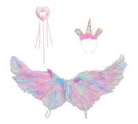 Linyuir Bandeau Front Avec Plumes Darc En Ciel Ailes Dange Cornes Scintillantes Et Bâton Magicien Pour Les Fêtes Cosplay Danniversaire Des Petites Filles Enfants L coloré Taille unique