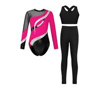 Linyuir Costume Danse Pour Jeune Mädchen Longues Manches Avec Rayures Métalliques Bodysuit Avec Bustier Et Culotte Stretch Slim Fit Leggings Sport Ensemble Pièces Rose Vif 7-8 ans