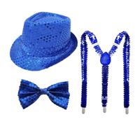 Linyuir Costume Disco Glissant Des Années Ensemble Comprenant Un Chapeau Fedora Pailleté Une Cravate Et Des Gants Pour Soirée Danse Disco Et Spectacle Magique Type D Bleu Royal 3 pièces Taille unique