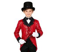 Linyuir Enfant Jungen Costume Gala Avec Paillettes Costume Steampunk Gothique Redingote Doublure Veste Smoking Deux Rangs Chapeau Gants Cravate Baton Magique Tenues Rouge 7-8 ans