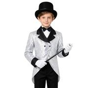 Linyuir Enfant Jungen Costume Gala Avec Paillettes Costume Steampunk Gothique Redingote Doublure Veste Smoking Deux Rangs Chapeau Gants Cravate Baton Magique Tenues Argent 13-14 ans