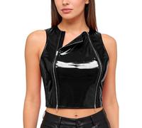 Linyuir Femme Look Mouillé Crop Top Haut Bikini sans Manches Col Rond Hauts Courts Découvrants Le Ventre avec Fermeture Éclair Chemises pour Rave Disco Vêtements Noir XXL