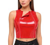 Linyuir Femme Look Mouillé Crop Top Haut Bikini sans Manches Col Rond Hauts Courts Découvrants Le Ventre avec Fermeture Éclair Chemises pour Rave Disco Vêtements Rouge S