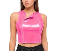 Linyuir Femme Look Mouillé Crop Top Haut Bikini sans Manches Col Rond Hauts Courts Découvrants Le Ventre avec Fermeture Éclair Chemises pour Rave Disco Vêtements Rose XXL