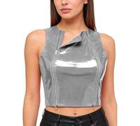 Linyuir Femme Look Mouillé Crop Top Haut Bikini sans Manches Col Rond Hauts Courts Découvrants Le Ventre avec Fermeture Éclair Chemises pour Rave Disco Vêtements Argent S