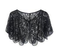 Linyuir Femmes Boléro Métallique Élégant Dentelle Paillettes Cape Cape Courte Veste Transparente Boléro Haut Festif Noir Taille Unique