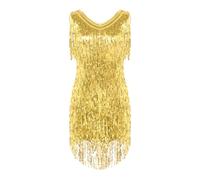 Linyuir Femmes sans Manches Robe À Paillettes Décolleté en V Paillettes Franges Robe De Soirée Costume Flapper Robe De Danse Samba Tango Tenues Latines Or L