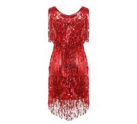 Linyuir Femmes sans Manches Robe À Paillettes Décolleté en V Paillettes Franges Robe De Soirée Costume Flapper Robe De Danse Samba Tango Tenues Latines Rouge L