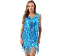 Linyuir Femmes sans Manches Robe À Paillettes Décolleté en V Paillettes Franges Robe De Soirée Costume Flapper Robe De Danse Samba Tango Tenues Latines Bleu Ciel L