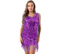 Linyuir Femmes sans Manches Robe À Paillettes Décolleté en V Paillettes Franges Robe De Soirée Costume Flapper Robe De Danse Samba Tango Tenues Latines Violet M