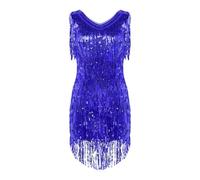 Linyuir Femmes sans Manches Robe À Paillettes Décolleté en V Paillettes Franges Robe De Soirée Costume Flapper Robe De Danse Samba Tango Tenues Latines Bleu Royal M