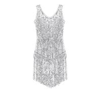 Linyuir Femmes sans Manches Robe À Paillettes Décolleté en V Paillettes Franges Robe De Soirée Costume Flapper Robe De Danse Samba Tango Tenues Latines Argent L