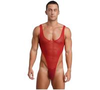 Linyuir Homme Corps Transparent sous Vêtement Chemisette sans Manches Maillot sans Dos avec Sachet pour Le Sexe String Tanga Nuitée Rouge M