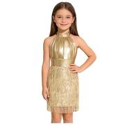 Linyuir Mädchen Robes Soirée sans Manches avec Collier Scintillantes Robes Fête en Coupe Ajustée Dété Courtes Jusque Au Genou avec Jupe Plissée Tenues pour Mariage Or 9-10 Ans