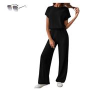 LINZONG Women's 2 Piece Sweater Sets Outfits,Short Sleeve Knit Pullover,Tops Wide Leg Pants Lounge Sets Tracksuits (XL, black)