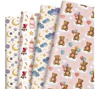 Liobelon Lot de 12 feuilles de papier cadeau pour bébé fille - 50 x 70 cm avec motif ours, landaus et cœurs - Papier cadeau rose pour révélation du sexe, fête prénatale, premier anniversaire et