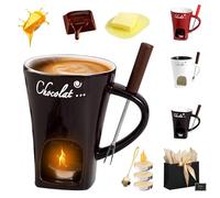 Liocwocne Chocolate Melting Mug with Tea Light, 130ml Chocolate Fondue Mug Set with Fork, Spoon & Candle, Ceramic Butter Warmers Pot Set, Stylish and Elegant, Thermos Cup(Brown)
