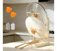Liocwocne Kitchen Pot Lid Storage Rack, Pan Lid Organiser with Removable Drip Tray, Spoon Rest Kitchen, Multifunctional Pot Organiser for Cupboard & Stove Top(Creamy white-Double layer)