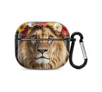 Lion africain portant une fleur sur la tête - Coque de protection intégrale contre les chocs - Coque rigide - Prend en charge le chargement sans fil avec porte-clés - Cadeau personnalisé pour AirPods