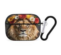 Lion africain portant une fleur sur la tête - Organisateur de écouteurs - Housse de protection antichoc pour Airpods Pro avec mousqueton - Anti-chute - Pour Airpods Pro 2ème génération - Noir