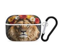 Lion africain portant une fleur sur la tête - Organisateur de écouteurs - Housse de protection antichoc pour Airpods Pro avec mousqueton - Anti-chute - Pour Airpods Pro 2ème génération - Blanc
