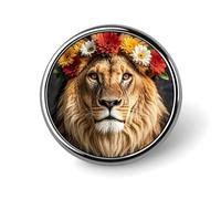 Lion africain portant une fleur sur sa tête - Badge rond personnalisé - Broche en fer blanc léger et durable pour chapeau, vêtements, sac à dos, épingles décoratives, circulaire, alliage d'aluminium