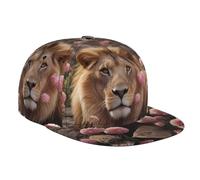 Lion Among Pink Flowers Casquette de baseball de voyage | Chapeau réglable à bord plat | Chapeau de soleil unisexe