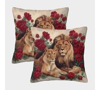 Lion and A Lionne, Red Roses Housse De Coussin Décorative 45x45cm Paquet De 2,adaptée pour Chambre À Coucher,canapé,Chaise,Voiture,lit,Jardin () Taies d'oreiller