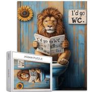 Lion assis sur un siège de toilette ouvert et lit un journal, puzzle de 1000 pièces pour adultes, puzzles colorés DIY pour la décoration de la maison, cadeaux, puzzle familial, parfait pour les