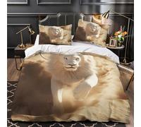 Lion Blanc Courant 3D Imprimé Drap de Couette 3 pièces Microfibre léger Faune du désert Housse de Couette 2 taies éclair garçons Filles King（220x240cm）