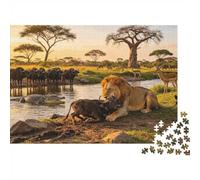 Lion Buffle Crocodile 1000pcs Mini Puzzle pour Famille Difficile | 52x38cm Carton Décor Salon Structure Durable Cadeau Anniversaire Soulagement Anxiété
