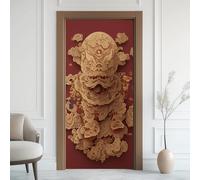 Lion Chinoise Effet 3D Sticker Porte, Tradition Oriental Papier Autocollant Porte Mural Décoration, Art Relief Stickers Muraux Amovible PVC 77x200 cm