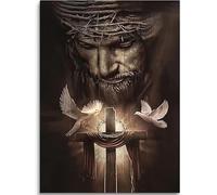 Lion chrétien sur toile - Jésus, croix et colombe de la paix - Décoration murale - Affiche pour chambre - Prêt à accrocher - 80 x 120 cm