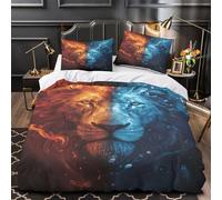 Lion de feu 3D Imprimé Housse de Couette Microfibre Anti-Decoloration bête Mythique Fantastique Drap de Couette 2 taies éclair pour Couples Famille Single (135x200cm)