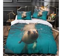 Lion de mer sous l'eau 3D Imprimé Housse de Couette 3 pièces Microfibre éclair dissimulé Photographie de la Faune Marine Drap de Couette 2 taies Adolescents Jeunes Adultes Single (135x200cm)