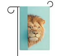 Lion derrière le mur bleu drapeau de jardin saisonnier vacances toile de jute double face maison cour drapeaux extérieurs 30,5 x 45,7 cm