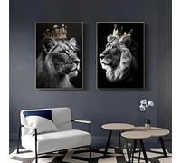 Lion et Lionne avec couronne - Poster animal noir et doré - Décoration d'art - Pour chambre à coucher - Décoration d'intérieur - Sans cadre (lion A, 40 x 60 cm x 2)