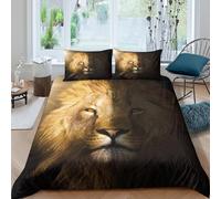 Lion Face Portrait Linge de Lit résistante 3 Pièces 3D Imprimée Facile d'entretien Wild Animal Art Style Parure de Lit avec Taie d'oreiller Ultra Douce for Chambre de garçons Single（140x200cm）