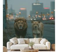 Lion Fantastique Ville Papier Peint Surréaliste Lion Sauvage Autocollant Mural 450x315 cm Poster pour Chambre Salon Decoratif