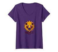 Lion féroce : Art géométrique du Zodiaque Lion pour Les Fans d'astrologie T-Shirt avec Col en V, Femme, Violet, L
