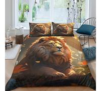 Lion in forêt Housse de Couette Microfibre Hypoallergique 3 Pièces 3D Effet Respirante Wild Animal Art Style Ensemble De Literie avec Fermeture Éclair Douce for Garçons Filles Single（140x200cm）